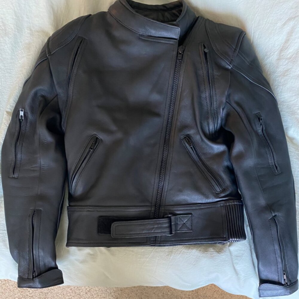 Motoboss Black Leather Motorcycle Jacket, Size UK - 12 EUR - 38 (US size 8)